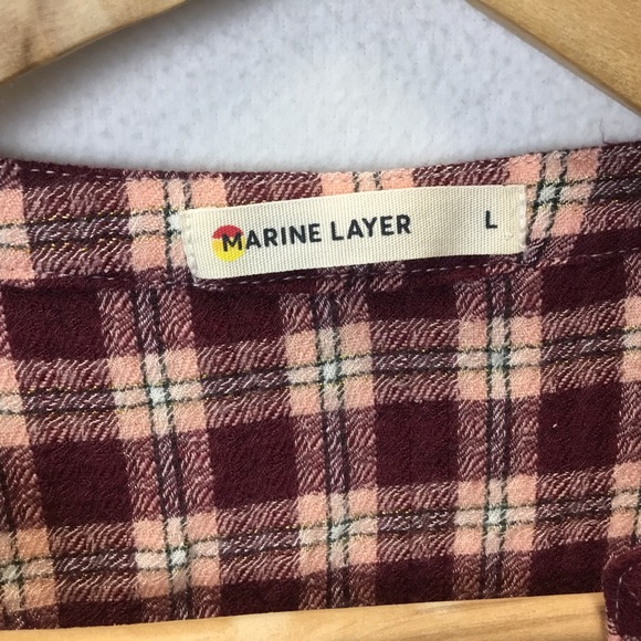 Marine Layer Jamie Ruffle Sleeve Plaid Top Burgundy Cream Size L Preppy Bohemian - Picture 7 of 8
